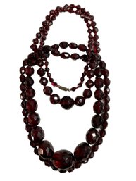 Two 1920s Vintage Cherry Amber Bakelite? Faceted Bead Necklaces