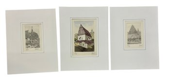 Three Vintage Etchings Of European Architecture Possibly Polish Or Czech