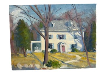 Vintage Impressionist Oil On Board Landscape With New England House Unsigned