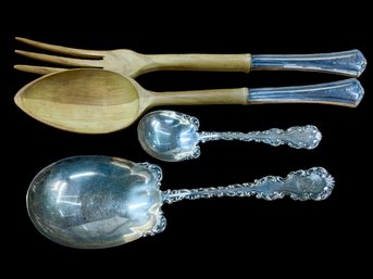 Ornate Matching Sterling Serving Spoons  Wooden Utensils