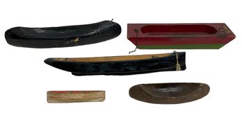 Five Antique Wooden Toy Boats And Canoes Circa 1920s Including Mason & Parker