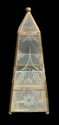 Antique Or Vintage Etched Glass And Brass Obelisk Form Display Case 12 Inches Tall