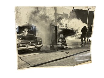 Two Vintage Car Photos One Gas Station Fire By Richard Bosworth 30s Plymouth