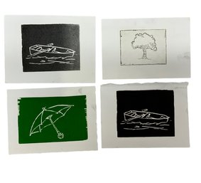 Lot Of Four Small Modernist Etchings Unsigned Rowboat Umbrella Tree