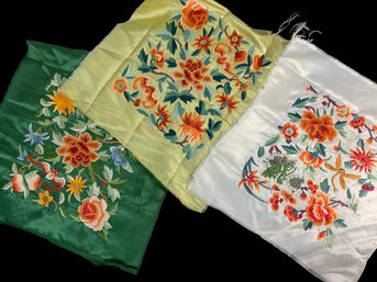 Trio Of Embroidered Silk Fabric Panels