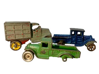 Three Antique Cast Iron Trucks Arcade Toys Etc