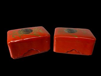 Two Matching Red Lacquer Hand Painted Boxes