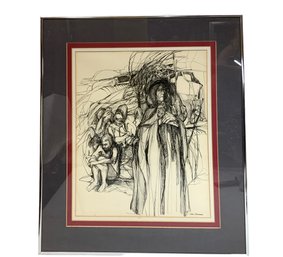 Unusual Cloaked Woman Ink Drawing Signed Rosa Silverman