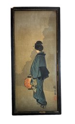 Antique Japanese Print On Crepe Paper Of A Geisha Seal Signed