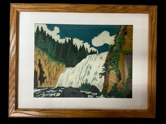 Hugh O'Donnell Folk Art Oil Painting Waterfall On Paper