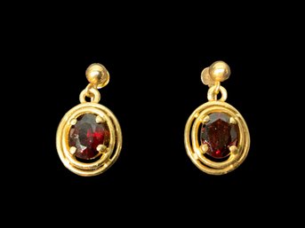 14K Gold And Garnet Screw Back Earrings