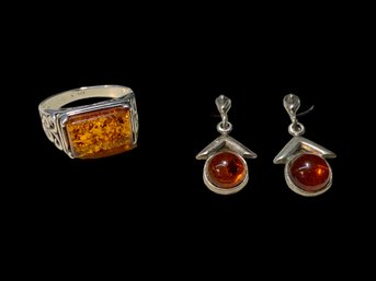 Sterling And Amber Ring And Earrings