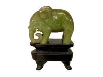 Small Antique Carved Jade Elephant On Fitted Plinth