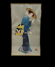 Hisashi Otsuka Hand Signed Woman In Blue Kimono Framed Poster