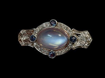 14K White Gold Edwardian Moonstone, Diamond And Sapphire? Brooch