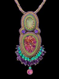 Ornate Colorful Beaded Pendant Necklace Artisan Made