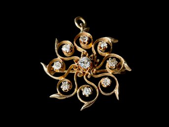 14K And Diamond Mid Century Vintage Gold Brooch Or Pendant