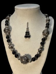 Black Glass Bead And Silver Necklace Set