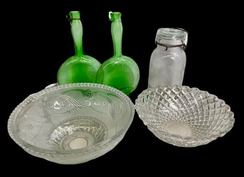 Lot Of Decorative Glass Items Including Pair Of Green Glass Violin Form Bottles Overhead Light Shade Etc