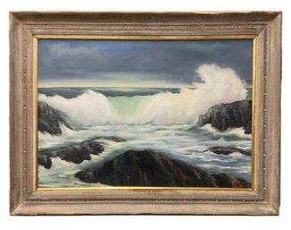 Byron Brooks (1906-1978) Oil On Canvas Crashing Surf On Shore Maritime Scene Signed