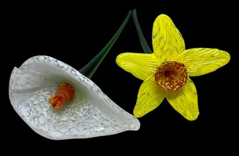 Two Large Blown Glass Flowers On Long Stems Orchid And Lily