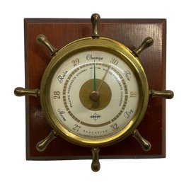 Small Vintage Swift Barometer Brass And Wood Ship Wheel Form