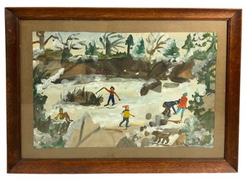 Folk Art Outsider Art Watercolor Of Skating Scene In A Quarry In Rockport Or Gloucester Signed Karin