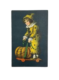 Rare 1930s Vintage Halloween Postcard A Merry Halloween With Girl In Pierrot Costume And Pumpkin