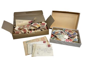 Two Boxes Filled With 1920s 1930s And Later World Stamps And US IRS Stock Transfer Stamps