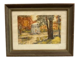 Vintage Color Etching Of Temple Of Love At Versailles In Autumn Indistinctly Signed