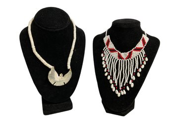 Two Native American Style Vintage Necklaces  Beaded With Shells  Carved Shell In The Form Of An Eagle