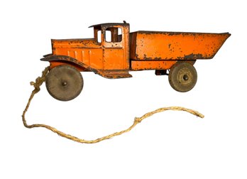 Vintage 1930s Pressed Steel Orange Dump Truck