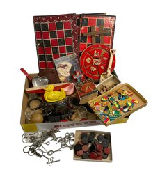 Box Lot Of Assorted 1930s Toys Games Parts And Pieces Steel Puzzle Games ABC Game Toy Boat Checkers Etc