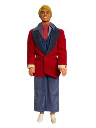 Vintage 1968 Mattel Ken Doll In Velvet Red Jacket And Blue Leisure Suit With White Shoes