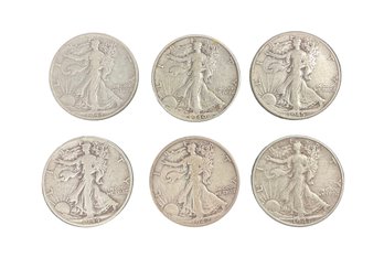 Six Vintage Silver Walking Liberty Half Dollar Coins 1940 Through 1947 D Mint Mark