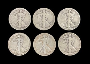 Six Antique Silver Walking Liberty Half Dollar Coins 1934 Through 1939 D Mark And S Mark