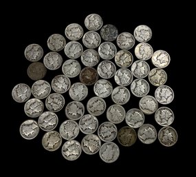 Fifty Antique And Vintage US Silver Coins Mercury Head Dimes 1917 Through 1940s