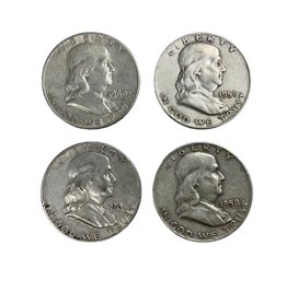Four Franklin Half Dollar Coins 1958 1959 1960 1961 D Mint Mark 90 Percent Silver