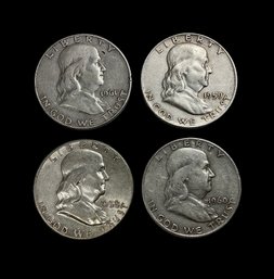 Four Franklin Half Dollar Coins 1958 1959 1960 1961 D Mint Mark 90 Percent Silver