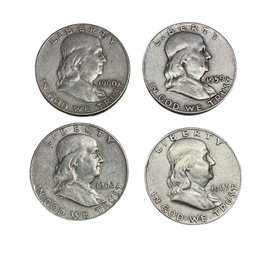 Four Franklin Silver Half Dollar Coins D Mint Mark 1959 1960 1962 1963 90 Percent Silver