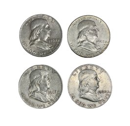 Four Franklin  Half Dollar Coins 1959 1960 1962 1963 D Mint Mark 90 Percent Silver