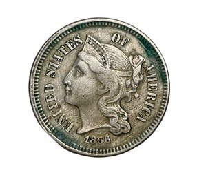1866 3 Cent Nickel Liberty Head Error On Reverse US Currency Coin