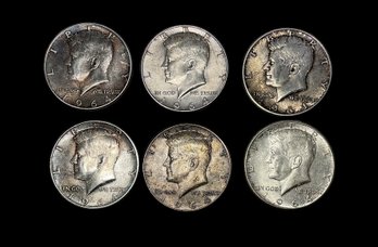 Lot Of Six Silver 1964 Kennedy Half Dollar Coins 90 Percent Silver