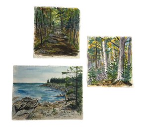 Three Antique Watercolors Unsigned One Of Dyer Point Maine 1918