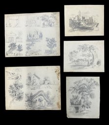Lot Of Pencil Sketches Of European Scenes Unsigned Thatched Cottage Landscape Castle By Lake  Etc