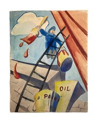 Fantastic Vintage 1940s Surreal  Watercolor Of Painter On Ladder Double Sided Painting