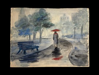 Vintage 1940s Moody Cityscape In The Rain Woman Walking With Red Umbrella Unsigned Painting