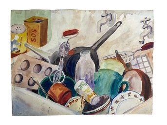 Vintage 1940s Watercolor Of Dirty Dishes In A Cluttered Kitchen Sink