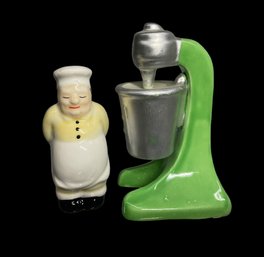Vintage 1990 Porcelain Chef And Mixer Salt And Pepper Shaker Set Korea Made By Five And Dime Inc