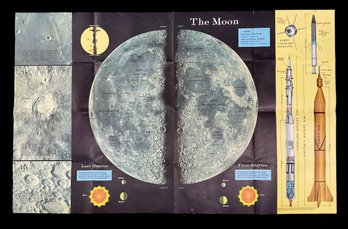 1958 Atom Age Space Age Kitsch Large Poster Of Map Of The Moon And Outer Space Rand McNally